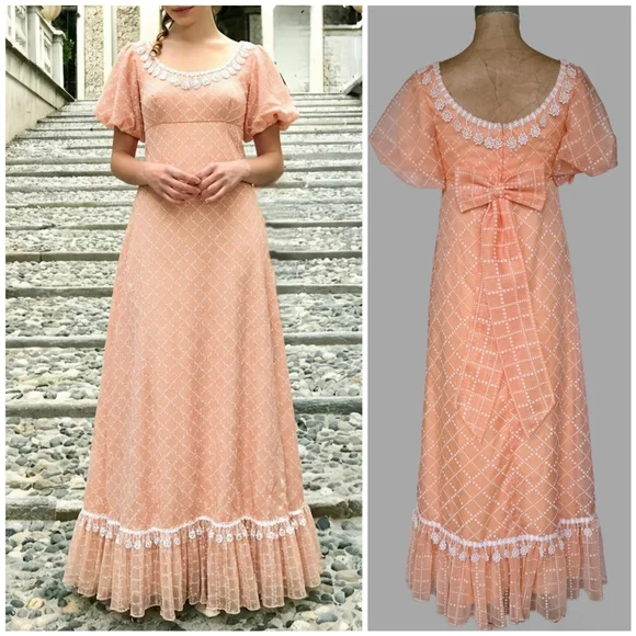 Vintage Bridgerton Puff Sleeve Orange Cream Bow Back Crochet Fringe Dress, XS/S - Picture 1 of 12